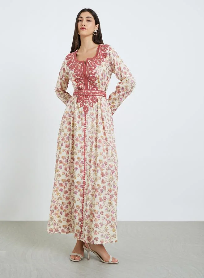 Amirah  Women Floral Print Embroidered Belted Jalabiya for Women | Best Price UAE